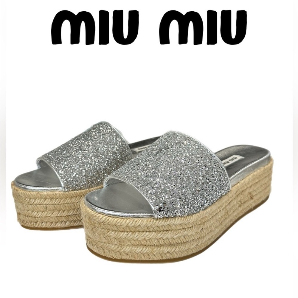 Miu Miu Silver Glitter Espadrille Slides